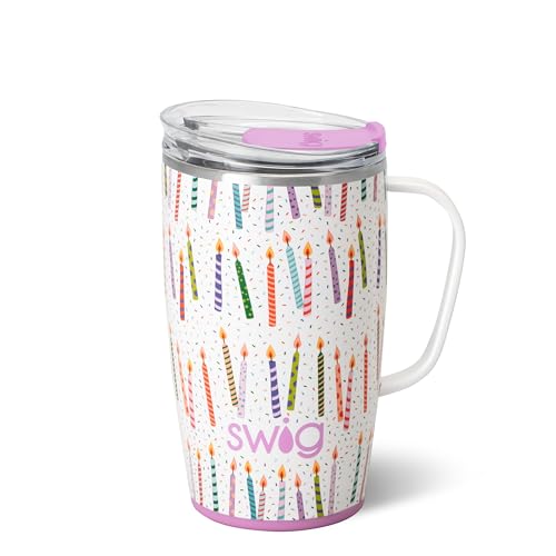 Swig Life 18oz Travel Mug, Insulated Tumbler with Handle and Lid, Cup Holder Friendly, Dishwasher Safe, Stainless Steel, Birthday Gifts for Women (Make a Wish)