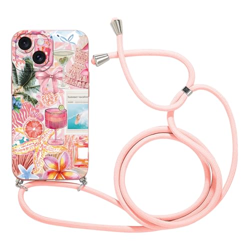 Foonary Handyband Handyhülle für iPhone 13 Mini mit Band Aesthetic Collage Hibiskus Blumen Muster Hülle Kette Case Silikon Schutzhülle Necklace Cover mit Schnur Kordel zum Umhängen 5 4 Sommer