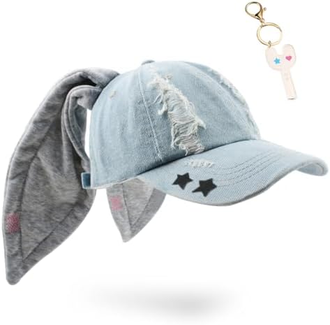 Y2K Woman's Bunnies Baseball Cap Cute Hip-hop Long Rabbit Ears Hats with Keychain