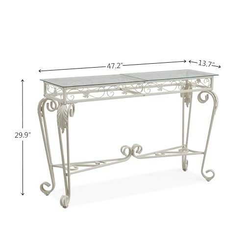 Modern White Console Table for Entryway: 47 Inch Tempered Glass Sofa Table with 2 Shelves - Metal Frame Table for Living Room Hallway Foyer - Thumbnail 3