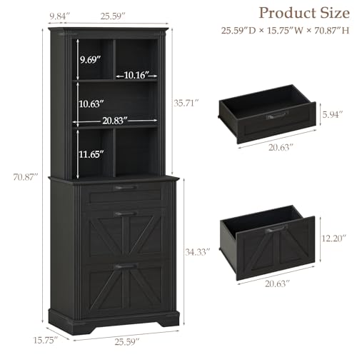 Image of Vabches Farmhouse Bookshelf with 3 Large Drawers, 70 inch Tall Bookcase with 5-Cube Storage Organizer, 3 Tier Wood Display Storage Cabinet for Home Office, Living Room, Rustic Black