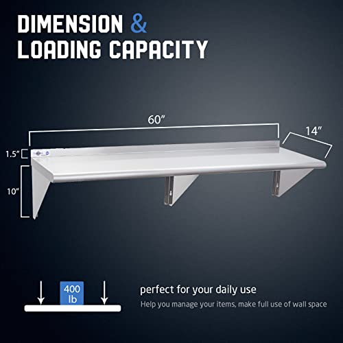 Image of Profeeshaw NSF Stainless Steel Shelf 14 inch x 60 inch, Commercial Wall Shelving | 400 lb, Wall Mounted Metal Shelves, with Backsplash and 3 Brackets, for Restaurant, Bar, Utility Room, Kitchen and Garage