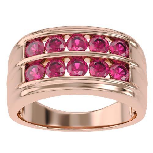 Double Row Men's Wedding Band Ring 4mm Round Cut Ruby Lab Grown Gemstone Engagement Anniversary Rings In 14K Solid Rose Gold Size 7.5