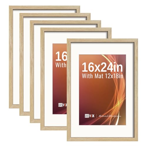 Image of VCK 16x24 Picture Frame 5 Pack, Natural Wood, 12x18 Mat, for Gallery Wall