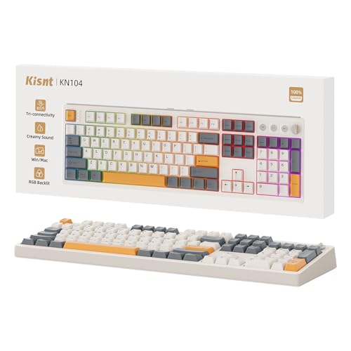 Kisnt KN104 Wireless Mechanical Gaming Keyboard, 100% Full Size 104 Keys with Number Pad, Custom RGB Backlit, Creamy Sound, Hot Swappable, Bluetooth/2.4GHz/USB-C for Win/Mac/PC (Retro Beige)