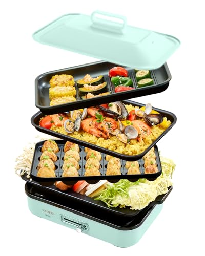 SOLEMOOD ホットプレート おしゃれ‎ たこ焼き 焼肉 パエリア アヒージョ お手入れ簡単 洗いやすい 温度調節機能 プレート種類組み合わせて選択可能 一人暮らし 2人 3人用にも (グリーン, プレート4種(平面・たこ焼き・鍋・グリル))