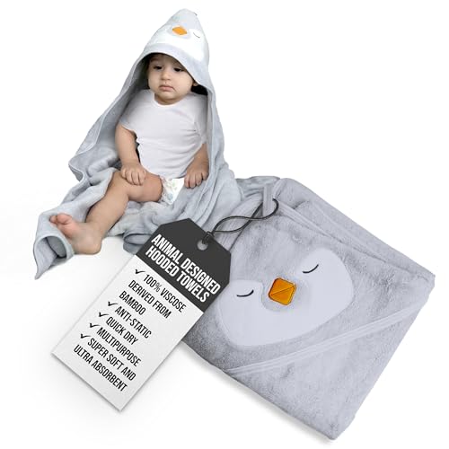 Image of Minmallife Baby Hooded Towels (Penguin) Made from 100% Viscose derived from Bamboo | Muslin Towels for Toddlers, Infant Towels Hooded, Muslin Baby Newborn Towel