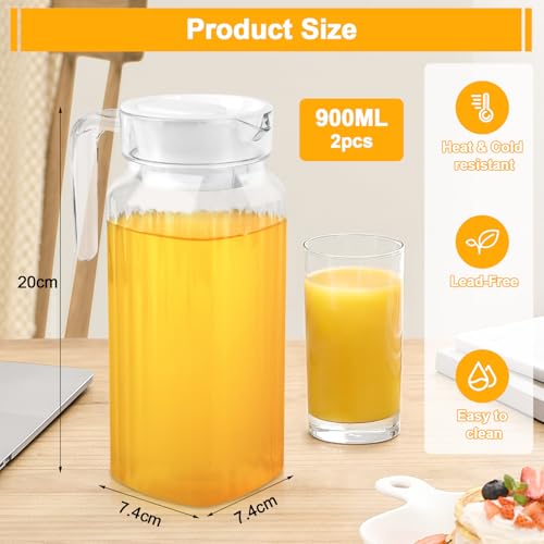 2 Stück Wasserkrug 900ML, Plastik Wasserkaraffe mit Deckel, Transparente Karaffe BPA-frei, Kunststoff Krug mit Griff, Getränkekaraffe für DIY Getränke, Saft, Tee, Milch, Wasser Karaffe, Milchkanne