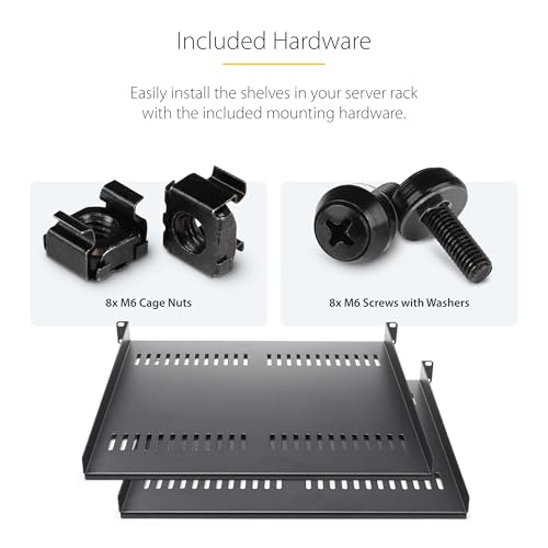 Image of StarTech.com 2-Pack 1U Server Rack Shelf, Vented Rack Mount Cantilever Shelf, Heavy-Duty Steel, 44lb /20kg Capacity, 16 inch Deep