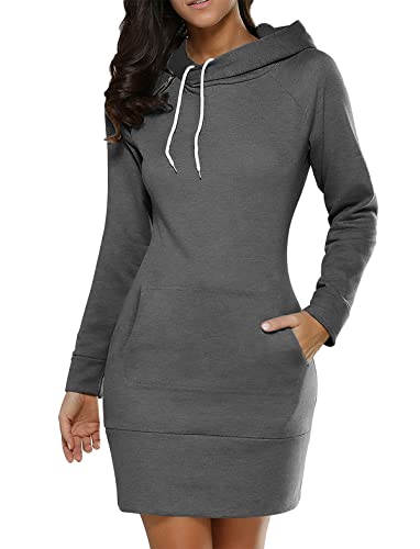 Minetom Damen Hoodie Kleid Oversize Pullover Mit Kapuze Sweatshirtkleid Lang Maxi Winter Herbst Mini Kleider Langarm Lange Kapuzenpulli Jumper Pulli A Dunkelgrau M