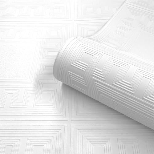 SOPHIE LAURENCE Richmond White Greek Key Panel Effect Embossed Paintable Wallpaper - Luxury Blown Vinyl, Washable, 5.3sqm Coverage, 0.53m x 10.05m Roll, Modern Textured Design for Any Room
