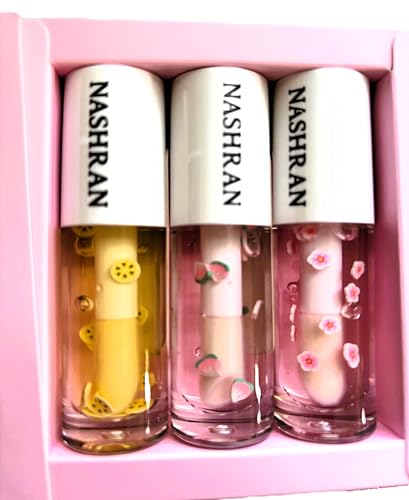 NASHRAN Hydrating Lip Oil Gift Set – 3 Pack Plumping Fruit Lip Gloss, Vegan & Cruelty-Free, Eid & Ramadan Beauty Gift