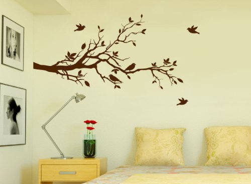 Tree Branches Wall Decal Love Birds Vinyl Sticker Nursery Leaves 56" Wide X 28" High (Left to Right, Matte Brown)