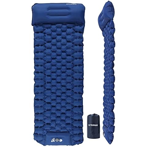 TurnWay Waterproof Camping Sleeping Pad Foot Press Inflatable Pad Air Mattress with Pillow for Backpacking, Traveling, Hiking (Blue) Cover