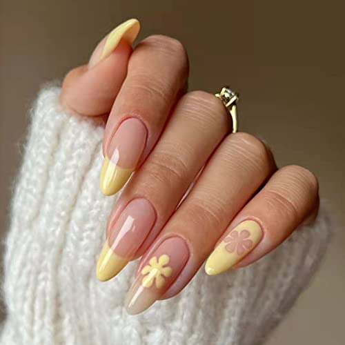 IMSOHOT 24Pcs Almond Press on Nails Medium Cute Stiletto Fake Nails Flower French Yellow False Nails with Designs Full Cover Glue on Nails for Women and Girls