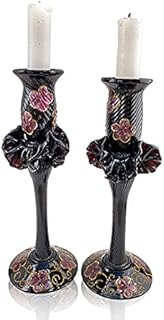 Set of 2 Hand Blown Glass Candle Holders, Hand Painted Pink Flowers