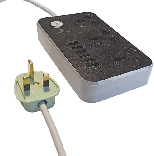Power Strips Extension lead with 6 USB ports 3 Way Universal Power Socket Outlets (UK EU US AU NZ CN) Surge Protection with 2 metre Extension cord Fitted with a UK Legal 13 amp Fused Plug top