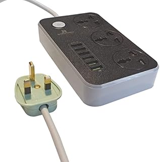 Power Strips Extension lead with 6 USB ports 3 Way Universal Power Socket Outlets (UK EU US AU NZ CN) Surge Protection with 2 metre Extension cord Fitted with a UK Legal 13 amp Fused Plug top