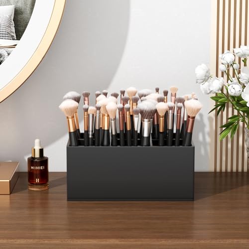 Image of HIIMIEI Black Makeup Brush Holder Organizer Acrylic 6-Slots Cosmetic Brushes Storage Organizer for Vanity Countertop