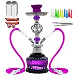 PLOGSEE 2 Hose Hookah Set-16' Shisha Hookah Set with Glass Vase,Coals,100pcs Disposable Tips and 50pcs Pre-Punched Foil (PURPLE)