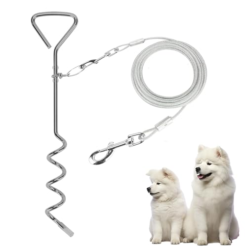 Cable de amarre para perros de 15 pies y estaca para patio, cable de amarre y estacas para perros para exteriores, campamento (cable de 15 pies, estaca de 16 pulgadas, plateado)