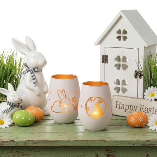 Teelichthalter Glas Weiß (1 Stück), Mattes Oster-Teelichtglas mit Hasen- & Blumen-Gravur, Elegantes Kerzenglas für Votivkerzen, Vintage Kerzenhalter Glas als Frühlingsdeko & Tischdekoration