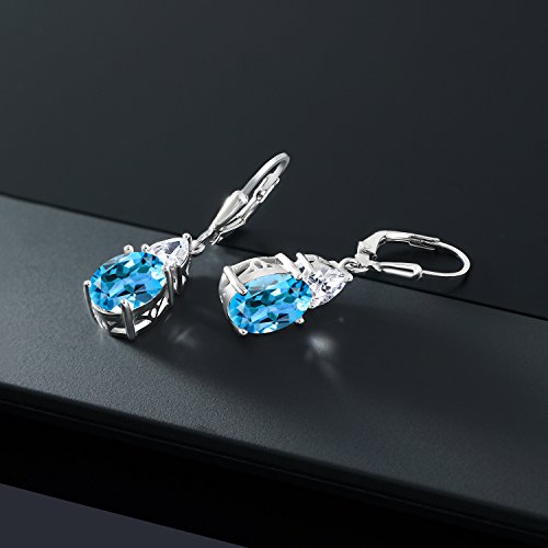 Gem Stone King 925 Sterling Silver Swiss Blue Topaz Dangle Earrings For Women (5.40 Cttw, Gemstone Birthstone, Trillion 5Mm, Oval 10X8Mm) #TOP3