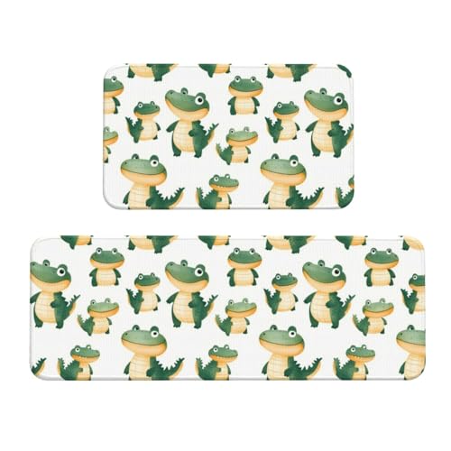 GVYGVY Antifatigue Kitchen Mats for Floor 2 Piece - Cute Alligator Green Print Kitchen Rugs Washable, Non Slip Runner Rug Standing Mat for Office/Bathroom/Laundry/Home Decor and Accessories
