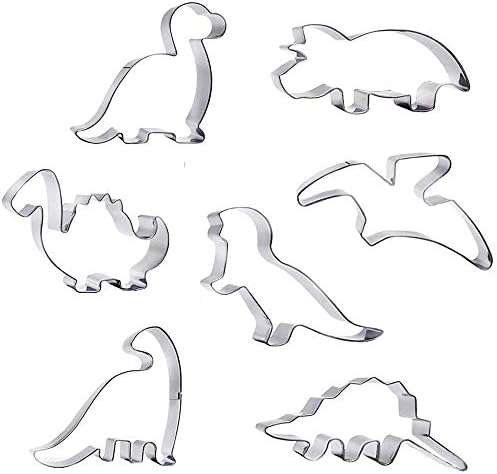 7 Pcs Stainless Steel Dinosaur Cookie Cutter Set Kitchen Handmade Sandwich Biscuit Cake Mould Fondant Cutters DIY Tools for Kids Birthday or Dinosaur Theme Party Decorations