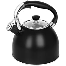 Rorence Stainless Steel Tea Kettle 2.6 Quart Whistling Kettle for Stove Top with Capsule Bottom & Heat-resistant Glass Lid Matte Black