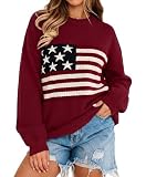 BONITEE American Flag Sweater for Women Long Sleeve Crewneck Kint Blouse Pullover Soft Loose Fit USA Sweatshirt Burgundy XL