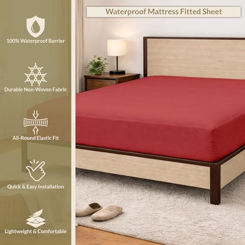 Image of 100% Waterproof Mattress Protector King Size Bed 72x84 Inch, Non Woven Fabric Fitted Mattress Cover with Elastic, Waterproof Bed Protector, Hypoallergenic, 10 Inch Deep Pocket - Maroon