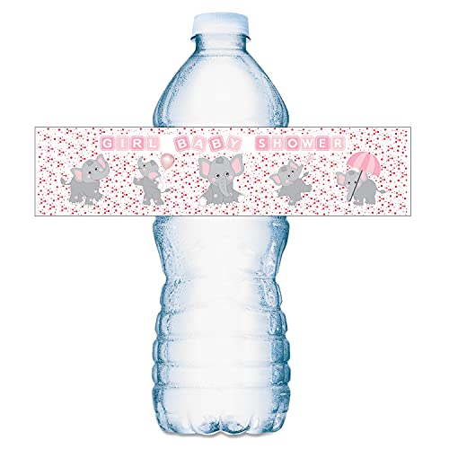 25 Pink Elephants Water Bottle Labels for Baby Shower Party ; Waterproof Water Bottle Wrappers; Its a Girl Water Bottle Stickers Labels Decorations. Made in USA