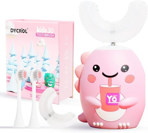 Image of DYCROL Kids U Shaped Electric Toothbrush with 4 Brush Heads, Sonic Toothbrush Kids with 5 Modes, Cartoon Dinosaur 360-Degree Cleaning IPX7 Waterproof Design (2-6 Age (Pink))