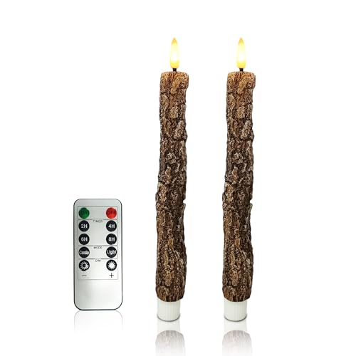 Image of LED 9.84 inch Flameless Taper Candles with Tree Bark Effect Battery Operated Real Wax Flickering Candlesticks with Remote Control and Timer Rustic Primitive Lights Decor Vintage Candles, Pack of 2