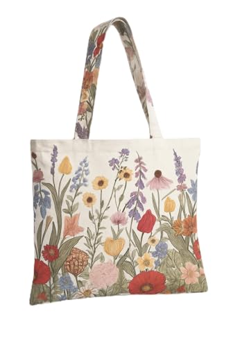 Bolsa Tote Floral, Algodão Reciclado, Estampa Botânica Colorida com Papoulas e Flores Silvestres, Design Moderno