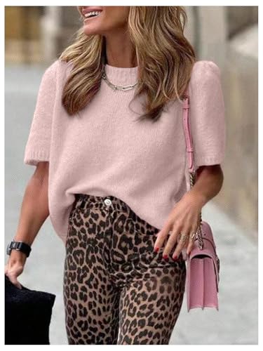 Image of GORGLITTER Women's Puff Sleeve Crewneck Knit Shirt Top Short Sleeve Solid Loose Sweater