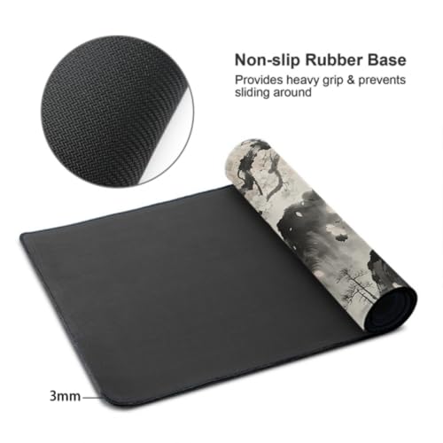 Image of Watercolor Painting Japanese Mouse Pad 35.4x15.7 XXL Red Black Grey Cherry Blossoms Extended Large Mousepad Keyboard Mouse Mat Desk Pad with Non-Slip Rubber Base Stitched Edges for Home Office Game