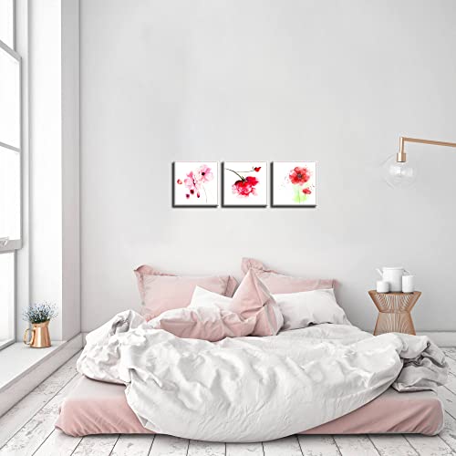 Nan Wind 3 Pcs 12X12Inches Canvas Print Pink Watercolor Flower Modern Giclee Stretched And Framed Artwork For Home Decor Poppy Flowers Pictures Prints On Canvas For Wall #TOP4