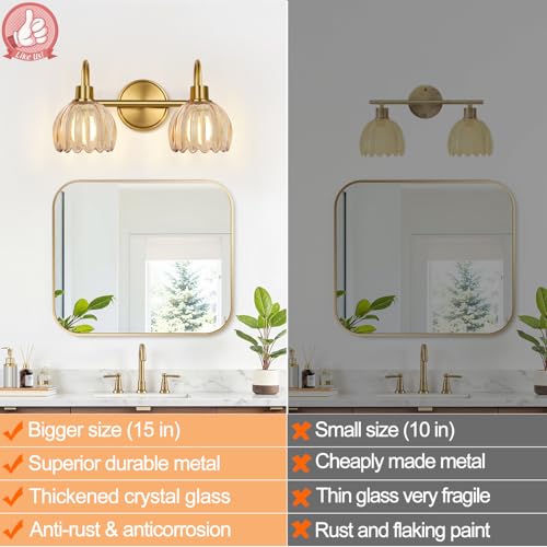 Image of Bathroom Light Fixtures, 2-Light Brushed Gold Vanity Lights for Bathroom with Ribbed Amber Tulip Glass Shade, Vanity Lights Over Mirror for Bedroom, Living Room, Hallway