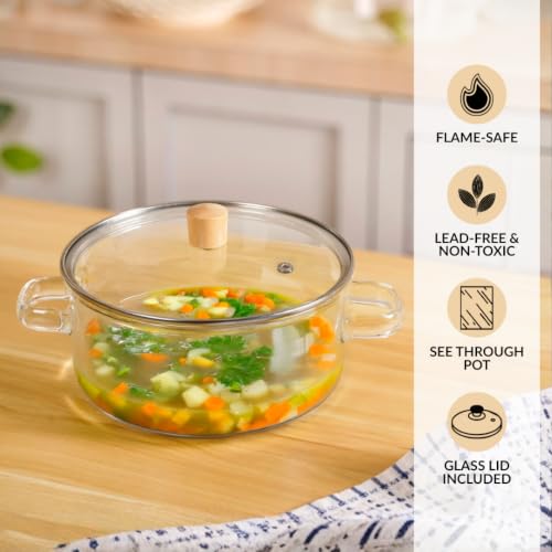 Image of Nestasia Glass Cooking Pot with Lid on Gas Stove (2.5L) - Transparent Glass Casserole with Steam Vent for Cooking | Microwave & Dishwasher Safe, Lightweight & Durable Glass Cookware