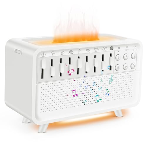 White Noise Machine with Humidifier, 8 Soothing Sounds & Bluetooth Speaker, Adjustable Night Light with Flame Effect, Timer for Sleep Therapy for Relaxation, Office, Home