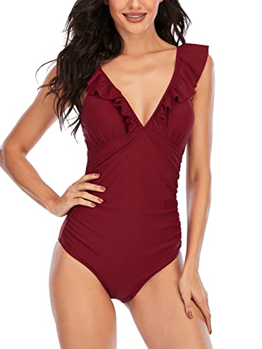 FLYILY Maillots de Bain Une Pièce à Volants pour Femmes Maillots de Bain Froncés à col en V Profond Rembourré(WineRed,S) Cover