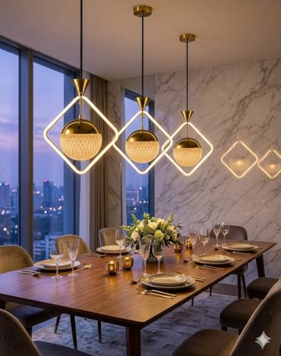 Image of Darkvision Modern LED Hanging Ceiling Light for Living Room | Contemporary Pendant Fixture Gold Sqaure Pendant Light | 3 in 1 Color Changing Lighting for Dining Room, Kitchen Restaurant and Home Decor