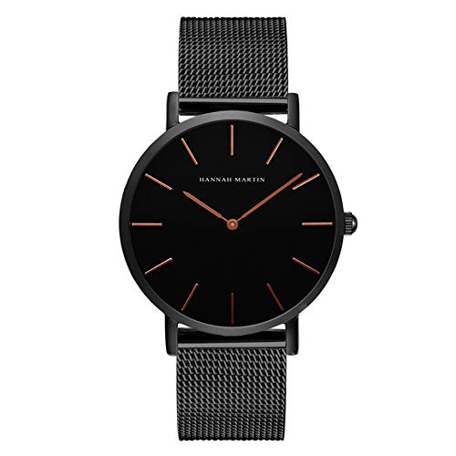 Immagine prodotto: HANNAH MARTIN Orologio da Polso Donna Uomo Ultra Sottile Quarzo Acciaio Inossidabile (Quadrante Nero，Cinturino Nero)