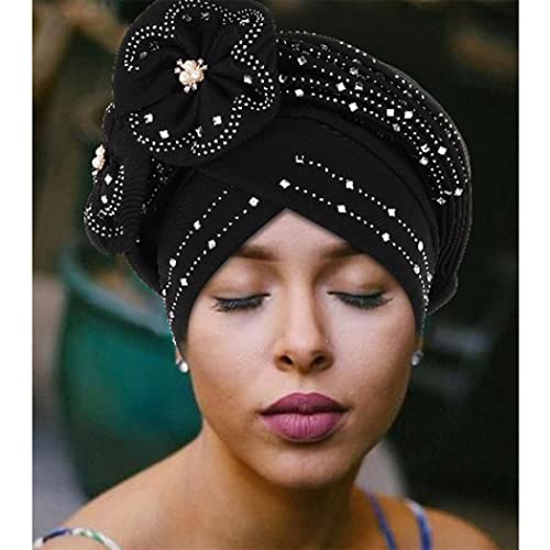 Woeoe Beanie Cap Head Wrap Black Rhinestones Head Scarf Flower Pearls Twisted Head Turban For Women Girls #TOP4