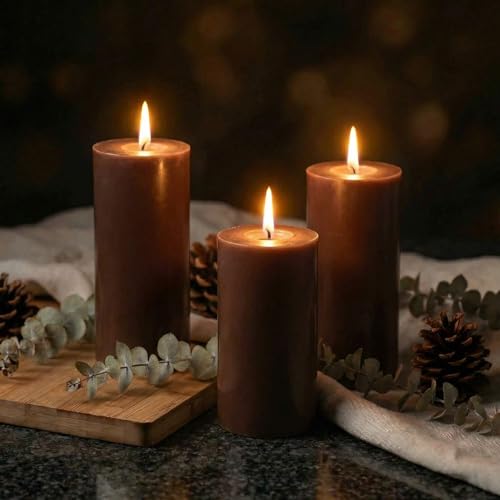 Richland Set of 3 Brown Pillar Candles 3 x 6 Unscented for Weddings Fall Decor Thanksgiving Home Holidays Relaxation Spa Church