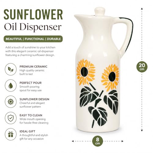 Image of Crazy Sutra Naturra Sunflower Ceramic Oil Dispenser Bottle | Decorative, Vinegar & Olive Oil Pourer, With Lid, Kitchen Serving Cruet