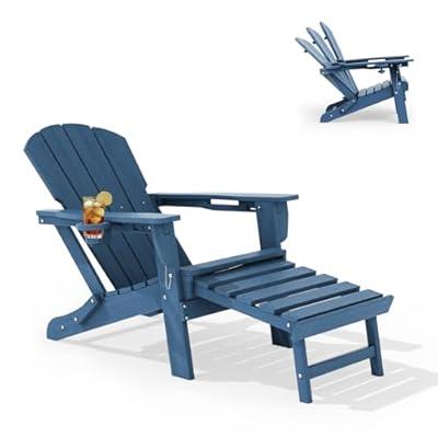 LOUNZY Folding Adjustable Adirondack Chair with Retractable Ottoman, HDPE Recliner Adirondack Chair with Cup Holder for Deck Lawn Fire Pit, Navy