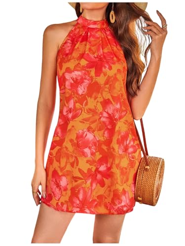 Image of Floerns Women's Sleeveless Floral Print Sundress Halter Neck A Line Short Dress